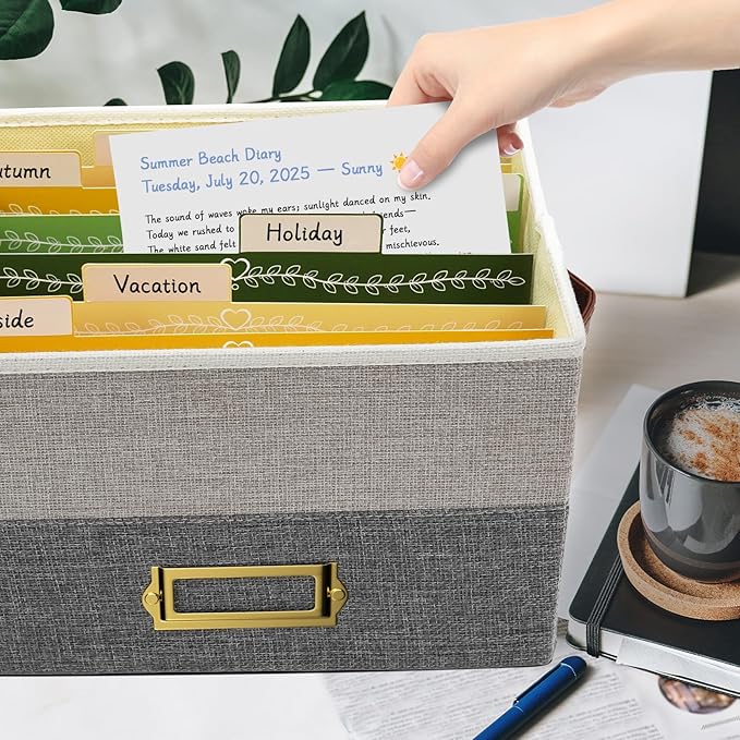 Vienrose Greeting Card Organizer Box with 20 Removable Dividers, 84 Self-Adhesive Labels, Foldable Storage Box Great for Greeting Cards, Photos, Envelopes, Stickers, Postcards Light Grey&Dark Grey