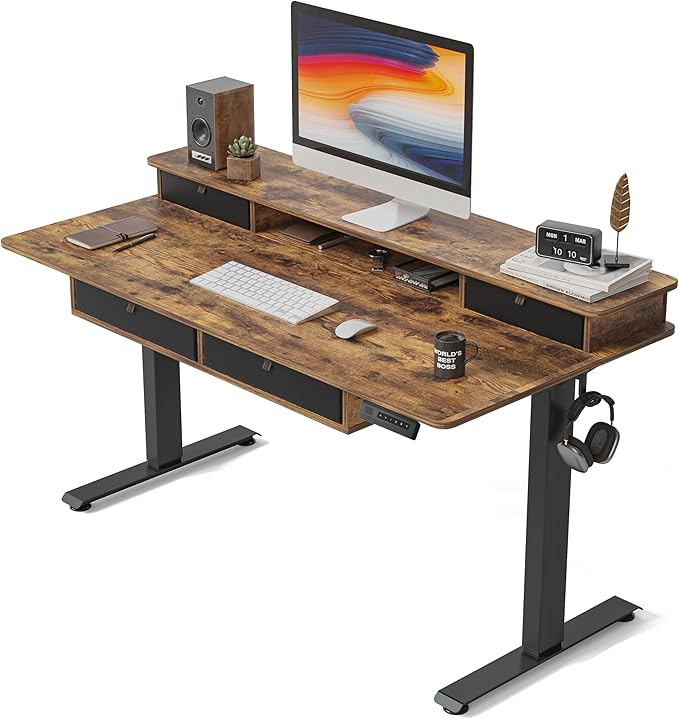 FEZIBO 55'' x 30'' Electric Standing Desk with 4 Storage Drawers, Adjustable Height Computer Table with Monitor Shelf, Stand Up Desk for Study, Gaming, Workstation, Rustic Brown Top