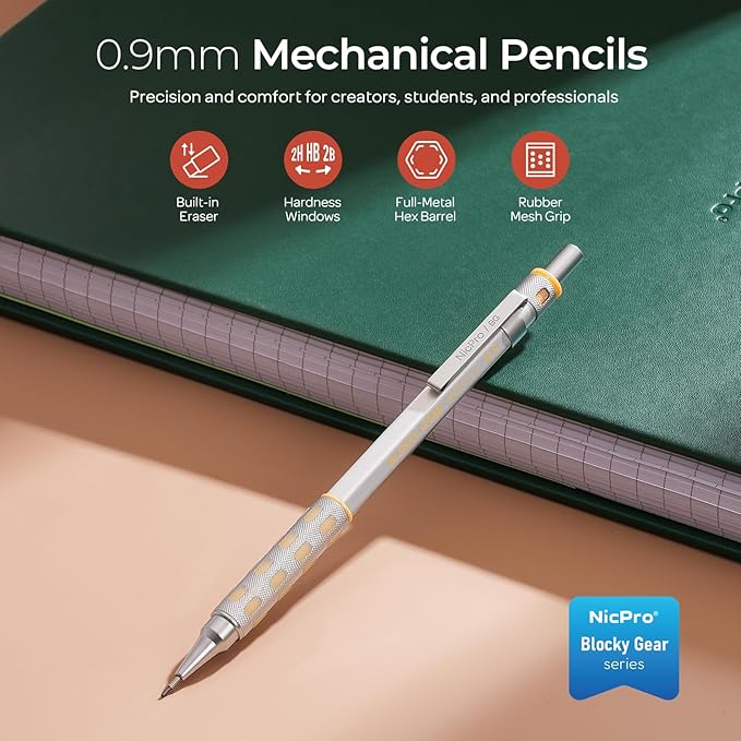 Nicpro Blocky Gear 0.9 mm Mechanical Pencils Set in Case, Metal Pencil with 0.9mm HB Lead Refills, Eraser for Professional & Adult Art Writing Drafting Drawing