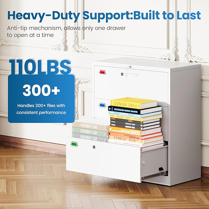PEUKC 3 Drawer File Cabinet, Lateral Filing Cabinets for Home Office, Office Storage Drawers with Lock, Hanging Files Legal/Letter A4 Size (Assemble Required,White)