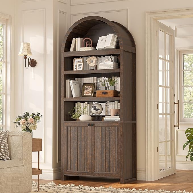 81" Tall Arched Cabinets,Bookcase with storage,Mid-Century Modern 6-Tier Bookshelf with Door,2 Book Risers and Adjustable Shelves offering more storage space for Living Room,Kitchen,Home Office,Walnut