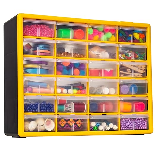 Akro-Mils 24-Drawer Plastic Drawer Storage Cabinet for Garage Organization, Bead Organizer, Building Bricks Storage, Teacher Toolbox, Makeup Organizer, 20" W x 6" D x 16" H, 10124 Yellow