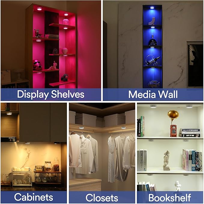 TECOMLIGHT Puck Lights with Remote Control, Battery Powered Wireless LED Under Cabinet Lighting, RGBCW Stick On Push Lights 6 Pack - White