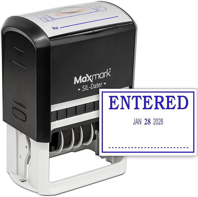 MaxMark Large Self-Inking Rubber Date Office Stamp with Entered Phrase & Date - Blue Ink, 12-Year Band - Style 3