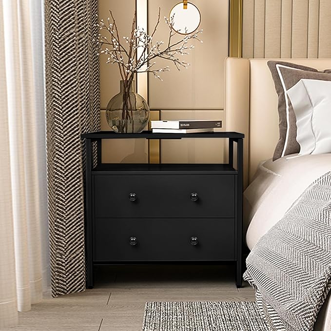 Edbuosy 27 inch Wide Night Stand Set 2 with Charging Station, Bedside Table with Open Shelf, 2 Drawers Small Wood Dresser, Modern Wood Nightstand for Bedroom/Living Room (Black)