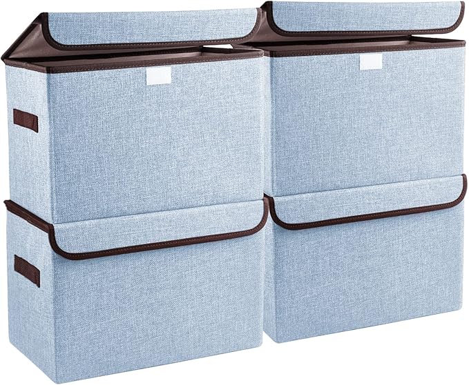 Bagnizer Foldable Storage Bins with Lids, Decorative Storage Baskets, Large Storage Boxes for Home, Office, Bedroom, Closet, Blue, Medium, 4 Pack 14.6 x 9.5 x 9.5”
