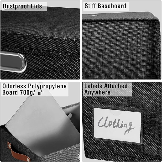 Roobyl 17" Large Collapsible Storage Bins with Lids, Stackable Closet Organizers with PU Handle and Labels, 3-Pack Decorative Fabric Storage Boxes for Home, Bedroom, Closet, Office, Nursery(Black)