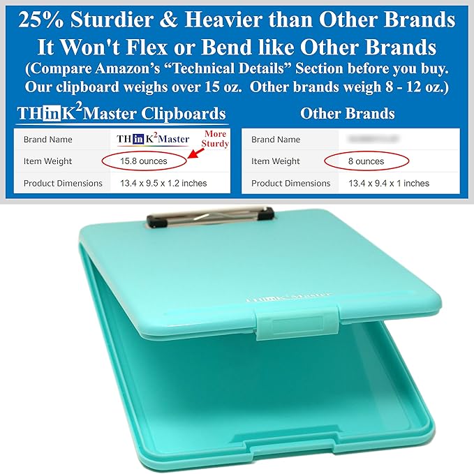 Think2Master [3 Pack] Teal Plastic Storage Clipboard. | 25% Heavier & Sturdier| Heavy Duty and Won’t Flex Like Other Brands (Compare The Weight). Storage Compartment Holds 150 Letter Sized Paper.