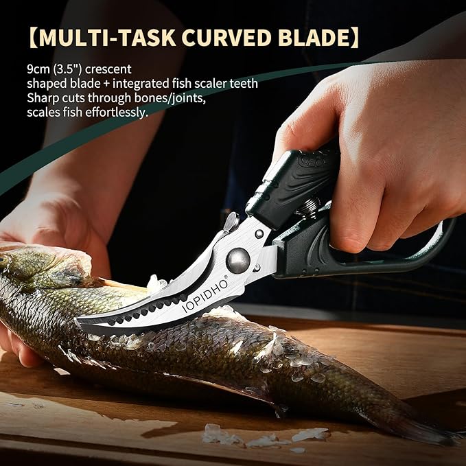 IOPIDHO Heavy Duty Poultry Shears, Kitchen Shears with Non-Slip Handle & Safety Lock, All Purpose Kitchen Scissors for Chicken, Meat Cutting, Turkey, Fish, Vegetables, Spring Loaded, Dishwasher Safe