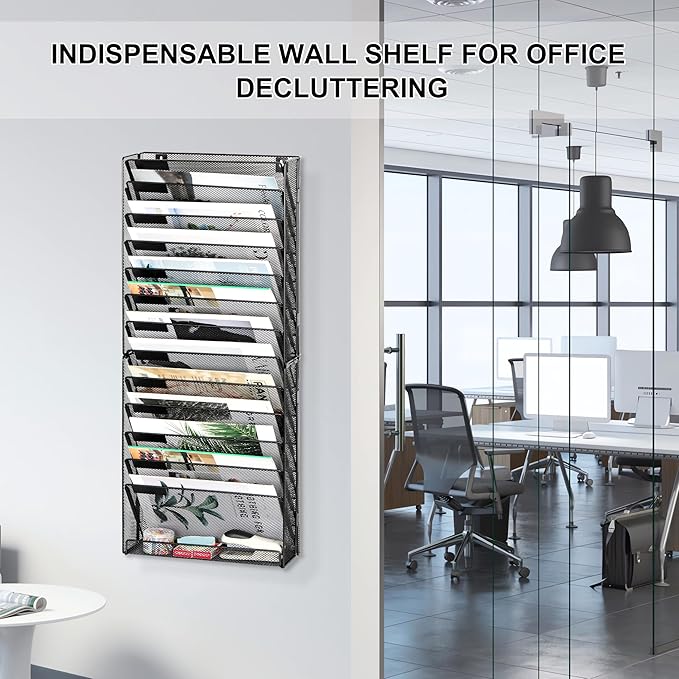 EasyPAG Wall File Holder 14 Tier Mesh Hanging Folder Organizer with Flat Tray Wall Mounted Mail Organizer Magazine Paper Desk Shelf with Nametag Label for Office Home School, Black