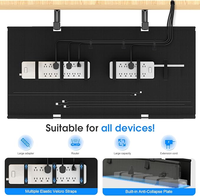 KIGJU Under Desk Cable Management Tray, 40-inch No-Drill Cord Organizer with Anti-Sag Reinforced Base, Fabric Wire Management Hider for Standing Desk, Office & Gaming Accessories - Black