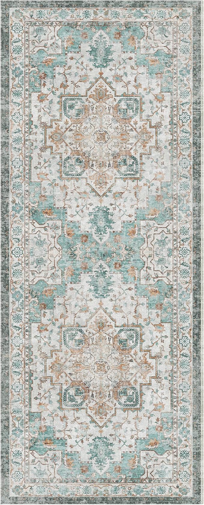 GENIMO 2‘6“x8 Runner Rugs for Hallway, Machine Washable Non Slip Vintage Rugs, Low Pile Lightweight Soft Print Rug for enrtyway, Corridor, Home Office, Kitchen, Cyan