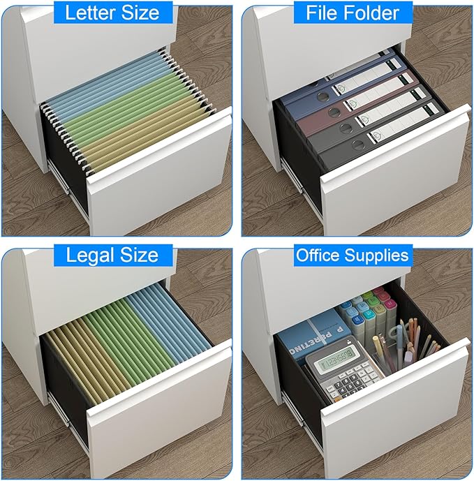HOMOFFICE 2 Drawer File Cabinet with Lock, Metal Mobile Filing Cabinet on Wheels, Compact Desk Side Storage Cabinet for Home Office, Letter/Legal/A4 File Organizer with Anti-Tip Wheel (White)