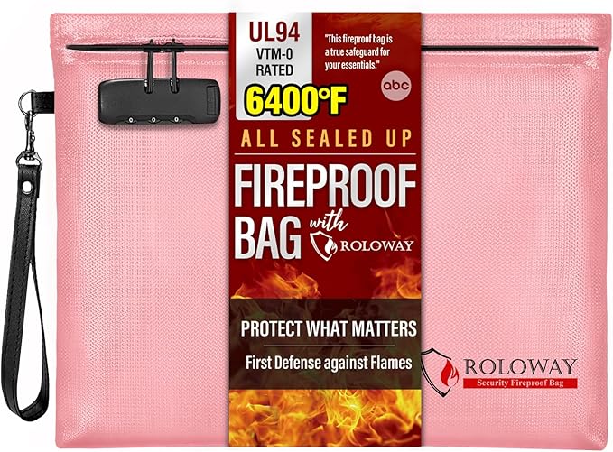 ROLOWAY Fireproof Document Bag (14.5 x 11.5 inch), 6400℉ Fireproof Money Bag with Zipper for Cash, Fire Safe Money Pouch with Lock (Pink)