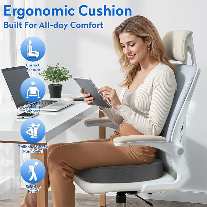 CushZone Seat Cushion, Office Chair Cushions, Car Seat Cushion, Non-Slip Sciatica & Back Coccyx Tailbone Pain Relief Chair Pad, Memory Foam Pillow for Computer Desk, Wheelchair, Driving(Grey)
