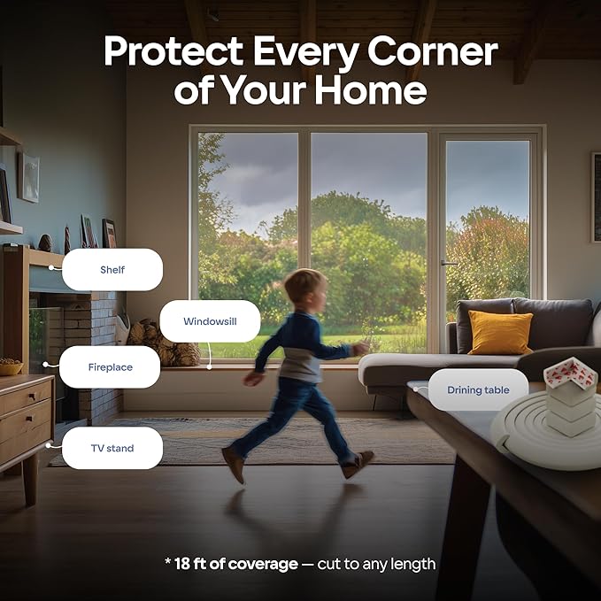 Furniture Edge and Corner Guards | 20.4ft Protective Foam Cushion | 18ft Bumper 8 Adhesive Childsafe Corners | Baby Child Proofing Set NonToxic and Safe for Table, Fireplace, Countertop | White