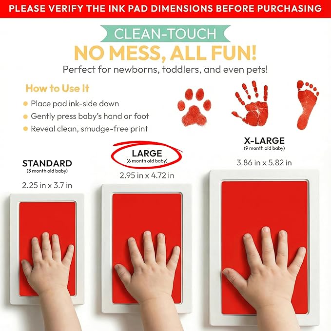 Large Clean Touch Ink Pad for Baby Handprints and Footprints – Inkless Infant Hand & Foot Stamp – Safe for Babies, Doesn’t Touch Skin – Perfect Family Memory or Gift, Red Print Kit by Tiny Gifts