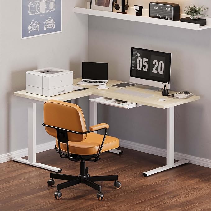FLEXISPOT L Shaped Standing Desk, 63 x 47 Inch Electric Height Adjustable Corner Desk, Sit Stand Computer Workstation, Preset Controller, Home Office, White Frame with Maple Top, White Drawer