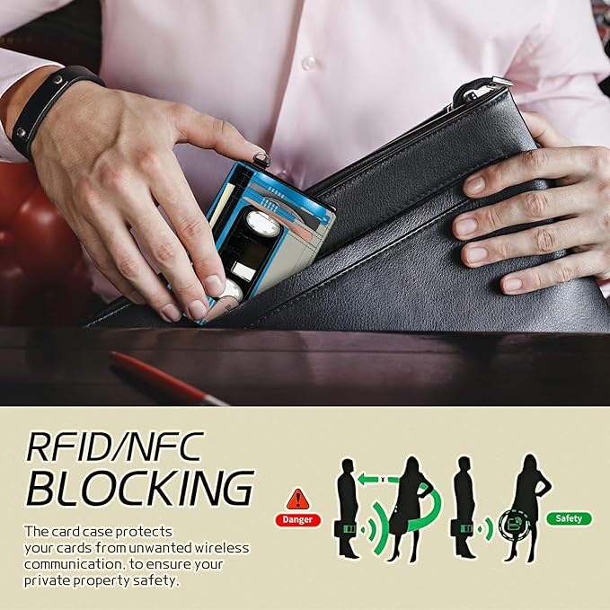 BWEGRHE Small Travel Wallets, Blue Cassette Slim Minimalist Front Pocket Wallet with Wristlet, RFID Blocking PU Leather Credit Card Holder with ID Window Change Purse for Men Women