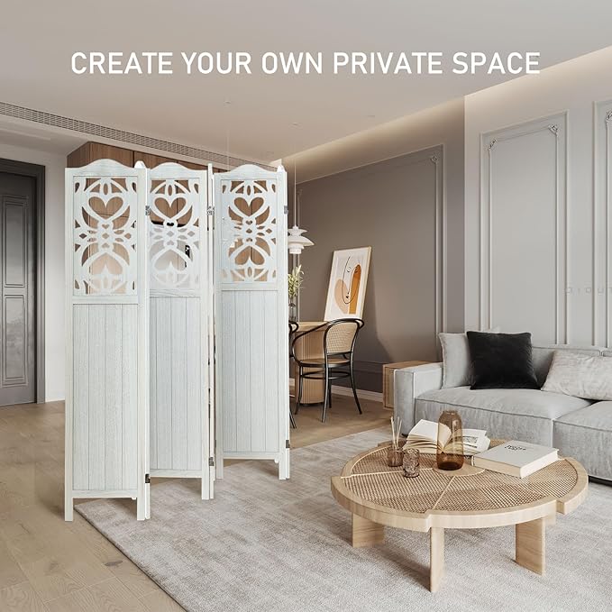 ALeesing 6 Panel Room Divider Fully Assembled, Carved Room Dividers and Folding Screens, 5.6Ft Wood Room Divider Screen Freestanding Partition Wall Dividers for Home Bedroom Office, Rustic White