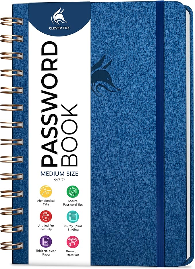 Clever Fox Password Book Spiral – Internet Address & Password Organizer with Laminated Alphabetical Tabs – Password Keeper Journal – Hardcover, Medium Size, 6.1x7.7” (Mystic Blue)