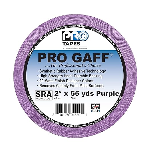ProTapes Pro Gaff Premium Matte Cloth Gaffer's Tape With Rubber Adhesive, 11 mils Thick, 55 yds Length, 2" Width, Purple (Pack of 1)