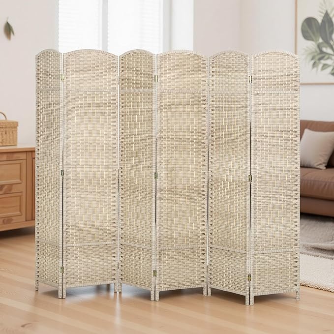 HOMCOM 6 Panel Room Divider, 6' Tall Folding Privacy Screen, Hand-Woven Freestanding Wall Partition for Home Office, Bedroom, Washed Oak
