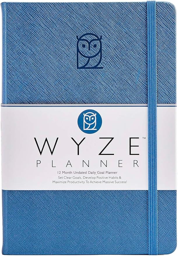 Wyze Planner Undated Daily Planner – 1-Year B5 Productivity Organizer with Two-Page Weekly Spread, Goal Setting, Habit Tracker, Weekly & Monthly Pages – Hardcover Time Management Notebook (Blue)