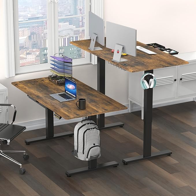 SHW 55 x 28 Inches Electric Height Adjustable Standing Desk with Drawer and Memory Preset, Rustic Brown