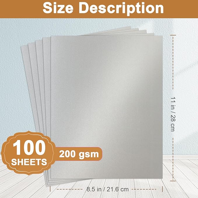 Silunkia 100 Sheets Silver Shimmer Cardstock 8.5 x 11 Crafts Paper, 200gsm/75lb Heavyweight Glossy Paper Card Stock for Office Printing, Business Cards, Wedding Invitations, Anniversary Card