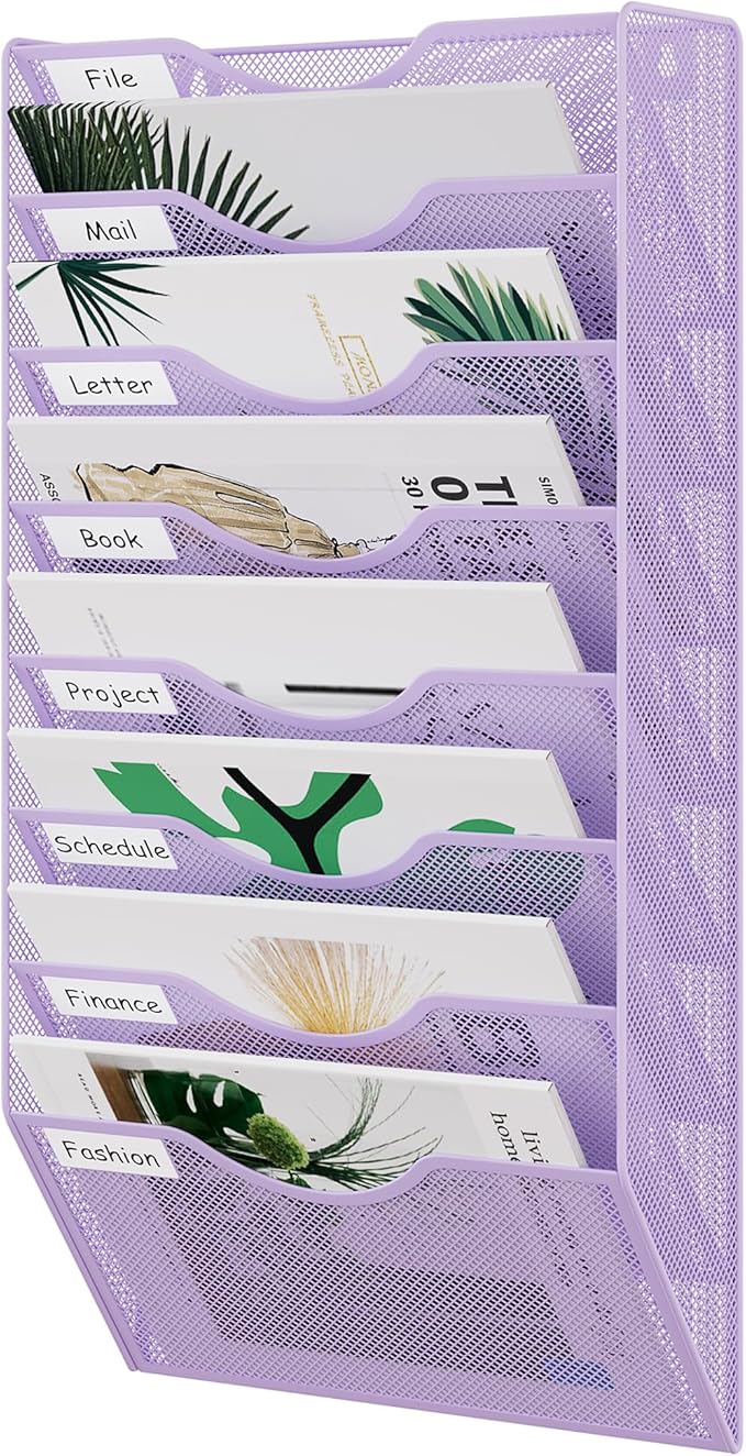 EasyPAG 8 Pocket Mesh Wall File Organizer, Hanging Paper Folder Holder with Classify Label, Vertical Wall Mount Mail Organizer for Office Home Classroom, Purple