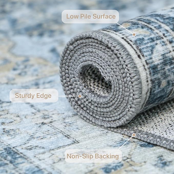 GENIMO Runner Rug 2'6"x7, Non Slip Vintage Hallway Runner Rugs, Low Pile Lightweight Machine Washable Mat for Hallway, Entryway, Bedroom, Kitchen and Corridor, Blue