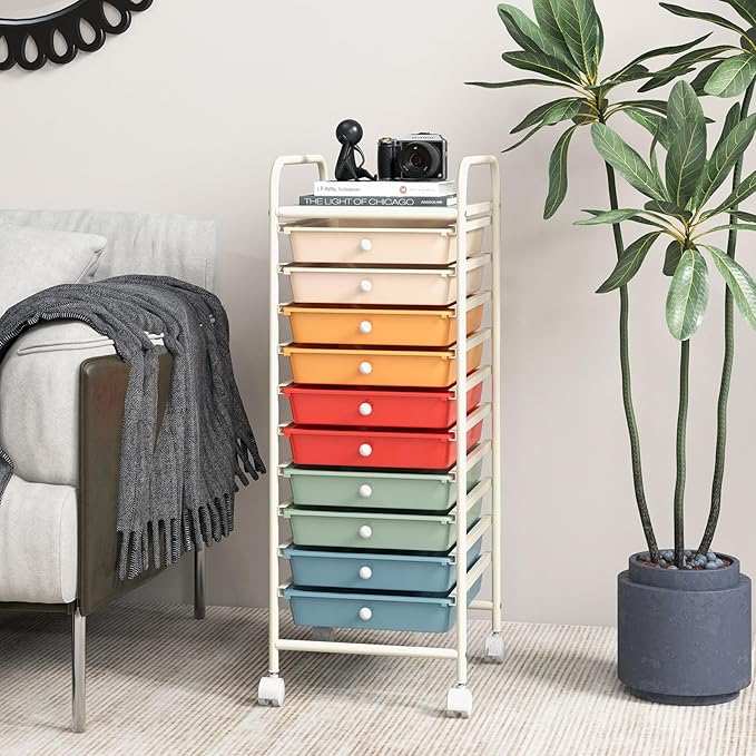 GLACER 10 Drawers Rolling Cart, Storage Cart with w/Removable Drawers & Steel Frame, Utility Mobile Trolley w/Universal Casters & 2 Brakes, Organizer Cart for Home, School, Office (Macaron)