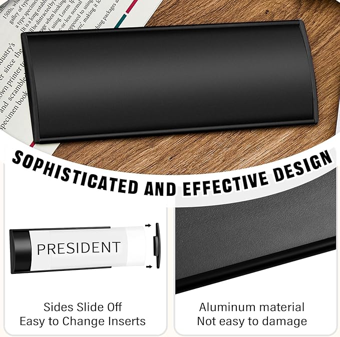 Therwen 6 Pcs Aluminum Office Name Plate Holder for Door Wall Mount 8'' x 3'' Business Sign Holder Office Door Sign Sturdy Curved with Plastic Film and Adhesive Tape (Black)