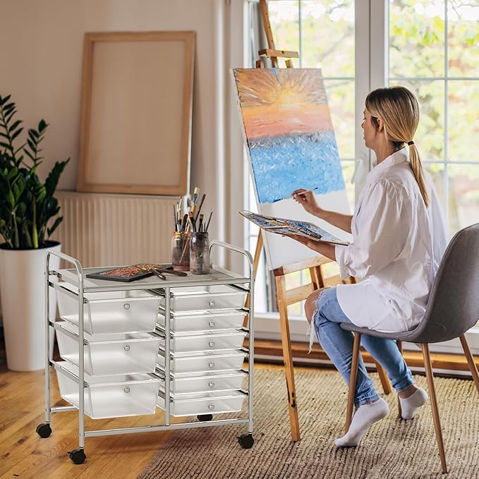 GOFLAME 9-Drawer Rolling Storage Cart, Mobile Utility Cart with Removable Drawers & Metal Frame, Art Craft Organizer Cart with Lockable Wheels, Storage Drawer Cart for Home Office, School, Clear