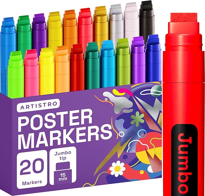 ARTISTRO 20 Poster Markers Jumbo Set Acrylic Markers with 15mm Wide Jumbo Tip for Murals Tagging Posters - Large for Rock Wood Plastic Leather Metal Fabric Ceramic