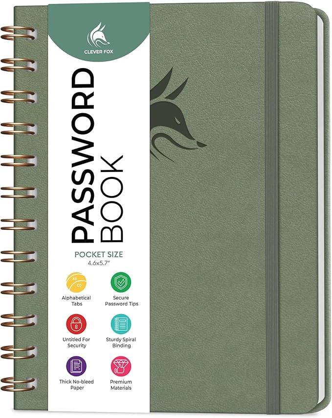 Clever Fox Password Book Spiral – Mini Internet Address & Password Organizer with Laminated Alphabetical Tabs – Small Password Keeper Journal – Hardcover, Pocket Size, 4.7x5.7” (Cypress)