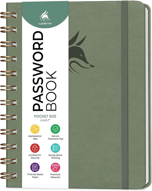 Clever Fox Password Book Spiral – Mini Internet Address & Password Organizer with Laminated Alphabetical Tabs – Small Password Keeper Journal – Hardcover, Pocket Size, 4.7x5.7” (Cypress)