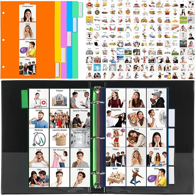 Communication Book Bulk 162 Laminate Icon Plastic Picture Cards with 5 Multicolor Dividers 1 Sentence Strip Sturdy for Autism Vocabulary Language Speech Articulation Learning Supplies