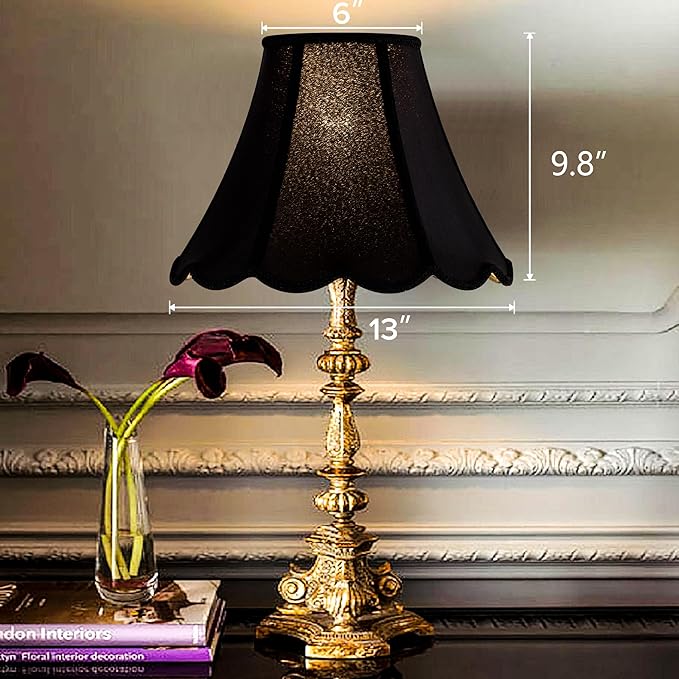 GOSO Black Scalloped Lamp Shades Set of 2 Medium Replac, Braids with Petal Edges,6×13×9.8 Inch Spider Lamp Shade for Table Lamp and Floor Lamps Easy Assembly, Modern Faux Silk Shades for Living Room