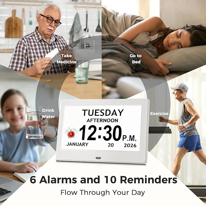 7'' Digital Clock, Dementia Clock With Date And Time, 10 Reminders, 6 Alarms, Auto-Dimming, Auto DST, Remote Control, Large Display Alarm Clock For Seniors, Gifts For People With Dementia, White