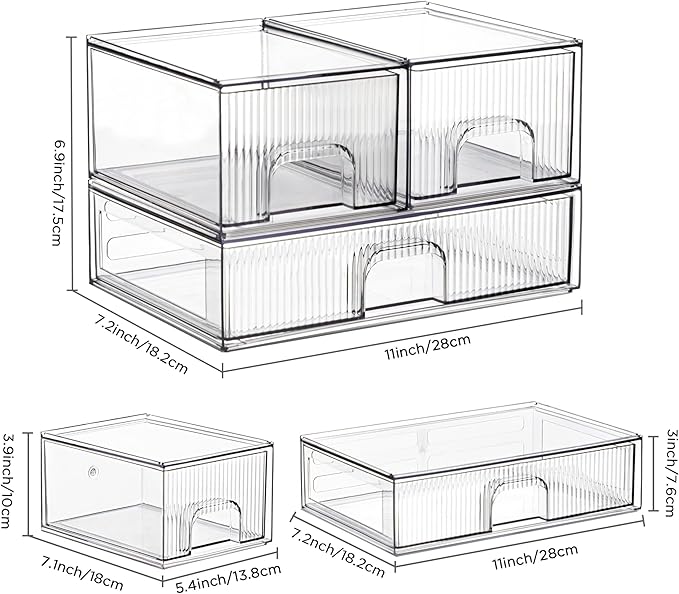 Vorey Clear Stackable Desk Storage Drawers, 3 Pack Acrylic Bathroom Makeup Organizers, Easily Assemble All Purpose Plastic Bins for Brightroom, Pantry Organization, Vanity, Undersink, Cabinet