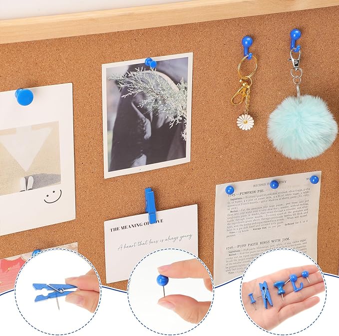 200 Pieces Push Pins Set, 5 Types Blue Thumb Tacks Cute Decorative Push Pins for Wall Cork Board Bulletin Boards with Storage Box