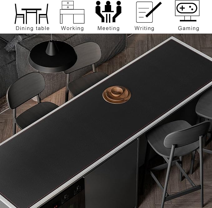 ZORESYN PU Leather Desk Mat Waterproof Anti-Oil Dining Table mat - 66.9" x 19.7" - Non-Slip Mouse Pad,Large Desk Pad with Suede Base,Stitched Edges Computer Desk Mat for Gamer,Office & Home | Black