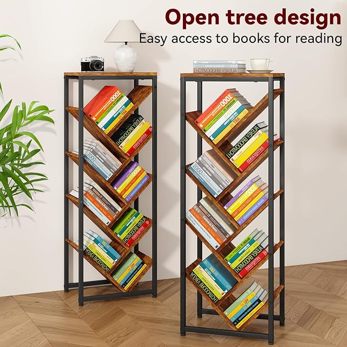 IBUYKE 9 Tier Tree Bookshelf, Floor Standing Wood Bookshelf for Narrow Space, Storage Organizer Bookcase for Books/CDs/Movies, Small Corner Bookcase for Bedroom Living Room,Rustic Brown,TBC002H