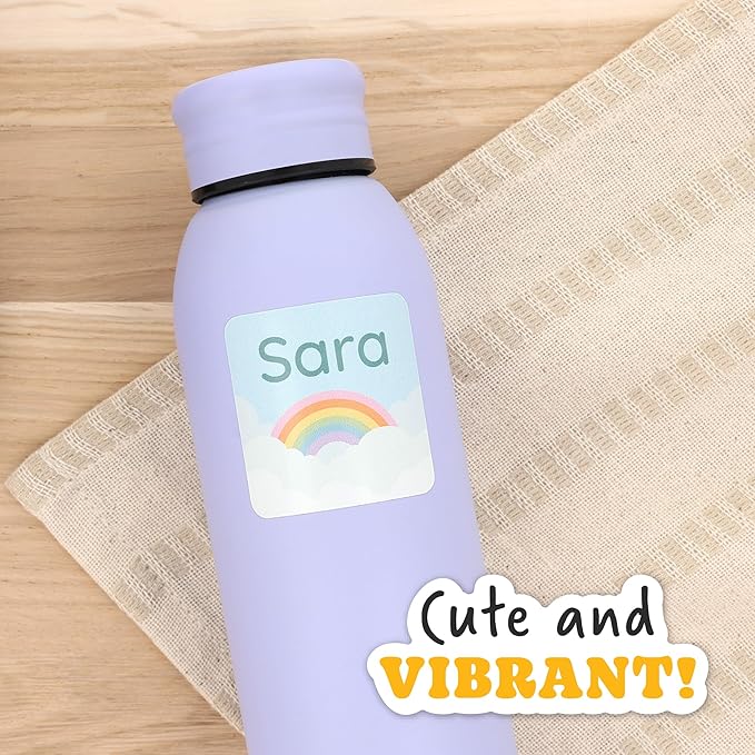 Large Name Labels for Kids (33) - Custom Stickers for Daycare and School Supplies - Durable, Waterproof Stickers for Water Bottles, Lunch Boxes, and More with Unique Designs - Rainbow