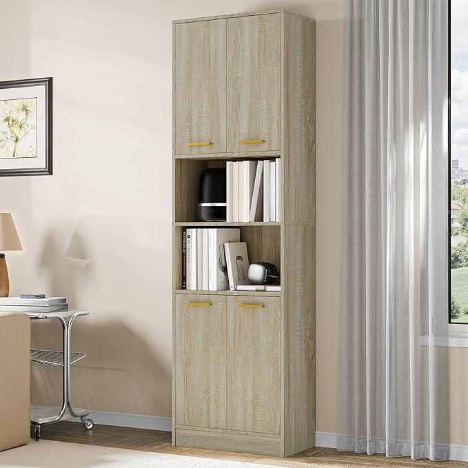 Cozy Castle Kitchen Pantry Cabinet, 75" Tall Wood Storage Cabinet with Doors and Shelves, 4 Doors Open Countertop Utility Hutch Cupboard for Dining Room Living Room Bathroom Furniture, Whitewashed Oak