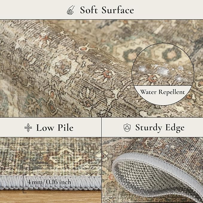 GENIMO 6x9 Area Rugs for Living Room, Machine Washable Non Slip Vintage Rugs, Low Pile Lightweight Chenille Print Rug for Bedroom, Dining Room, Home Office, Muted Green