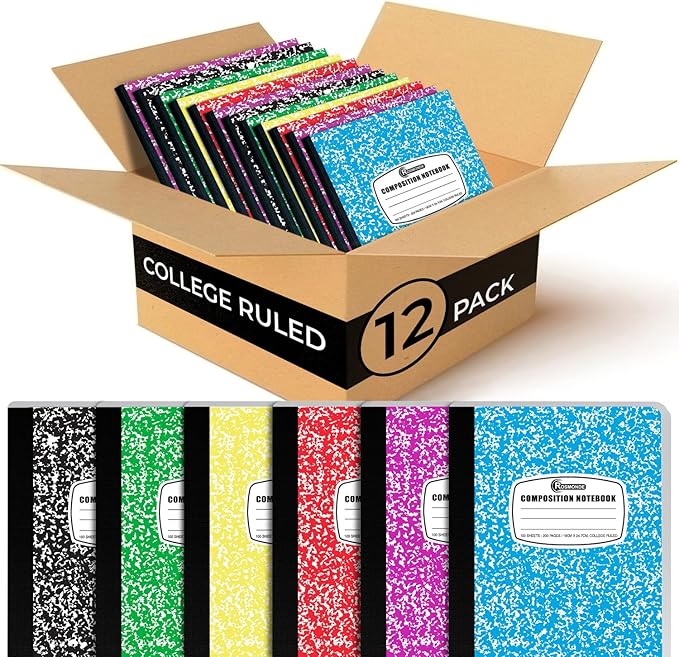 Rosmonde 12 Pack Bulk Composition Notebooks College Ruled, 200 Pages (100 Sheets), 9-3/4 x 7-1/2, Hard Cover College Ruled Notebooks, Assorted Colors Composition Notebook For School, Colors May Repeat