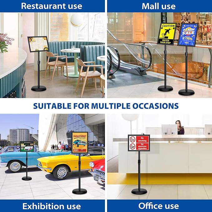 VAIIGO 4 Pack Sign Holder Stands - 8.5 x11 inch Standing Sign Stand, Adjustable Poster Sign Holder Pedestal Floor Sign Stand, Aluminum Snap Open Frame for Vertical & Horizontal View Sign Stand, Black